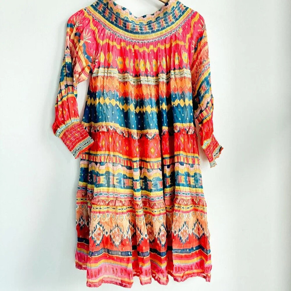 Chufy Memories of Peru Colourful Ethnic Print Off The Shooulder Chiffon Dress L - Picture 1 of 7